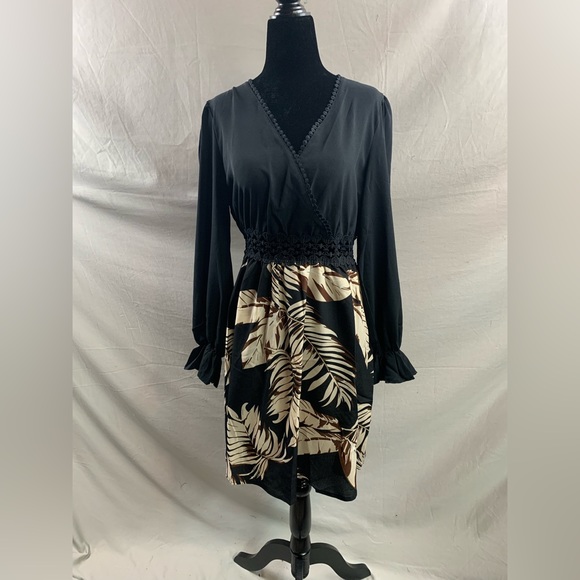 Tropical Print Guipure Lace Insert Flounce Sleeve Dress - Picture 7 of 7